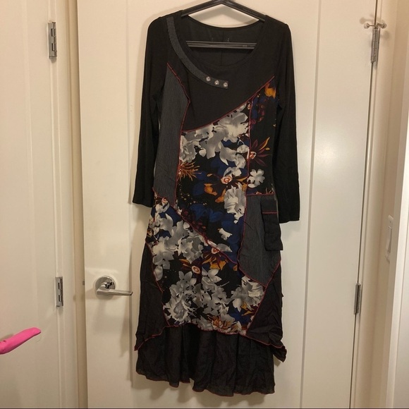 DRESS Bohemian Lagenlook Boho Knit Stretch Long Sleeve Scoop Neck w/ Side Pocket - Picture 1 of 10